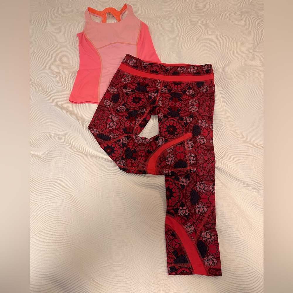 Lululemon SET pink bra tank and crop legging set! Top 4, pants 6